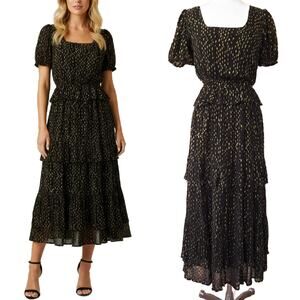 VICTORIA DUNN Maxi Dress XS Black Metallic Gold Clip Dot Puff Sleeve Party